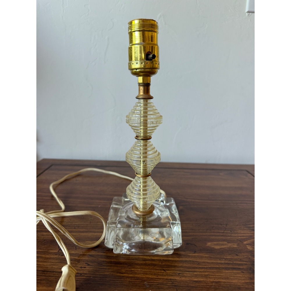 Vintage Art Deco Stacked Ribbed Glass Table Lamp Brass Base Hollywood Regency